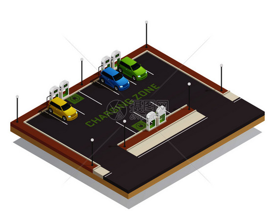 生态经济绿色能源清洁交通等距构图海报与电动汽车充电站矢量插图生态等距电动汽车充电图片
