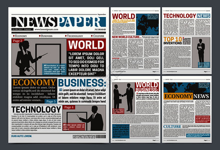 报纸线模板与世界商业经济技术新闻标题与剪影现实矢量插图报纸线模板写实海报图片