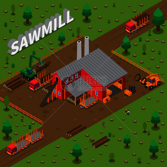 彩色锯木厂木材厂伐木工人等距成与建筑锯木厂矢量插图木材厂伐木工等距成图片