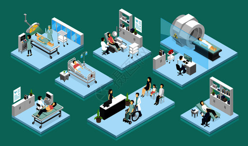 套等距成的医生病人的医疗设备诊断手术康复矢量插图医生病人等距成分背景图片