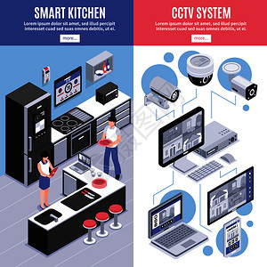 两个彩色等距智能家居横幅智能厨房闭路电视系统描述矢量插图等距智能家居横幅套图片