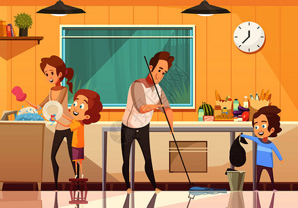 孩子们帮助父母清洁厨房复古卡通海报与扫地洗碗抽象矢量插图孩子们清理卡通海报图片