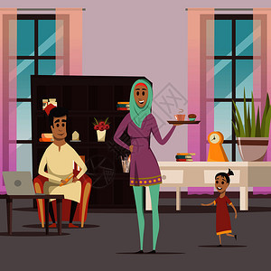 阿拉伯妇女家庭背景与丈夫孩子平矢量插图阿拉伯妇女家庭背景图片