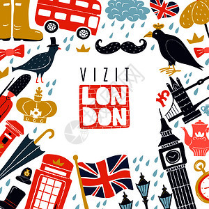 装饰框架与伦敦地标符号,包括,公共汽车,雨伞,磅白色背景矢量插图伦敦框架背景图片