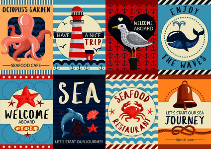套航海彩色横幅海报与海洋野生动物的餐厅旅程矢量插图航海横幅海报图片