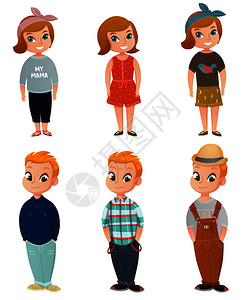 卡通套可爱的孩子穿着五颜六色的休闲服装配件隔离白色背景矢量插图儿童服装套装图片