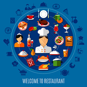 厨师服务员各种餐厅菜单菜肴的图标蓝色背景平矢量插图餐厅菜单插图背景图片