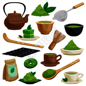 日本传统茶道图标包括绿抹茶粉工具搅拌碗勺茶壶矢量插图日本茶道图标图片