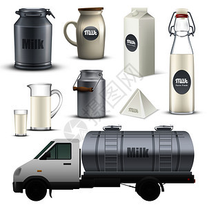 产品牛奶金属,璃纸板容器现实,包括卡车与隔离矢量插图产品牛奶写实套装图片