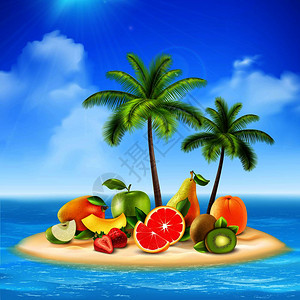 新鲜水果背景与成热带岛屿与棕榈水果片沙矢量插图水果岛背景图片