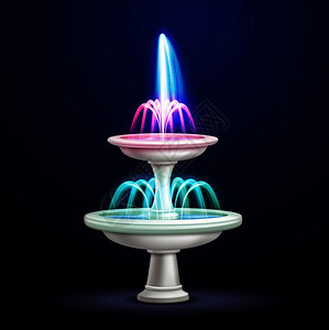 室外水瀑布喷泉,夜间霓虹灯照明,逼真的特写图像,物体矢量插图夜间喷泉霓虹灯逼真图片