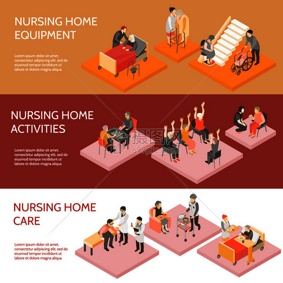 养老院3个水平信息图元素等距横幅设备日常活动孤立矢量插图养老院等距水平横幅图片