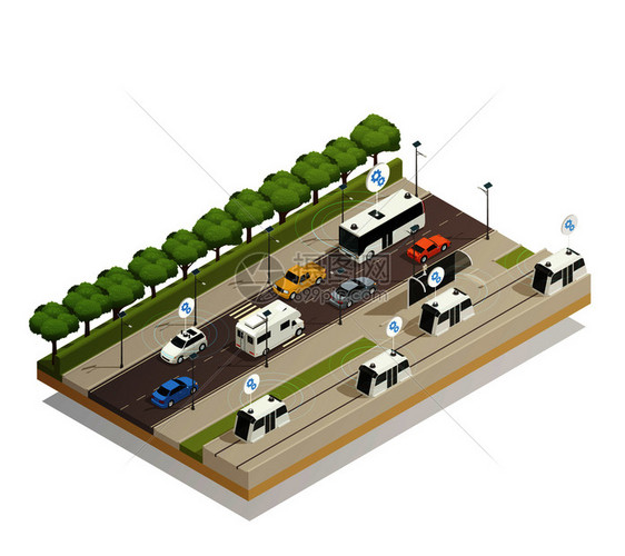 智能城市交通辅助技术集成汽车基础设施等距视图繁忙道路构图海报矢量插图智能城市交通等距成图片