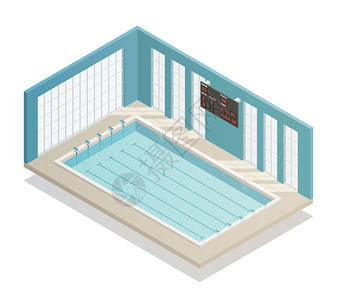 游泳池深浴道与电子板等距瓷砖墙等距内视矢量插图游泳池浴等距视图图片