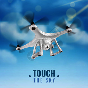 现实的四翼无人机与数码相机飞行蓝天矢量插图现实的无人机天空插图图片