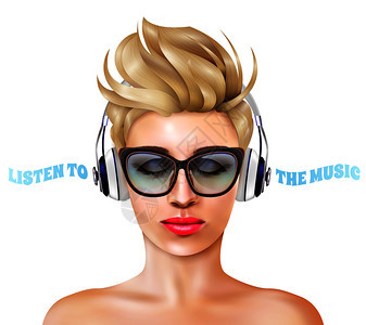 轻的金发女人耳机白色背景现实矢量插图上听音乐带耳机插图的女人图片