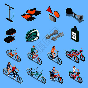 彩色等距自行车等距图标与运动员及其设备的TRIPS矢量插图自行车等距图标图片