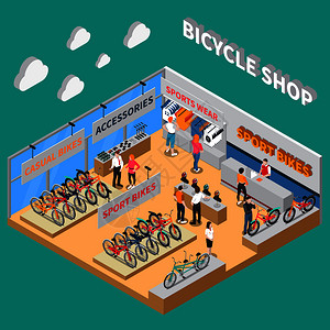 自行车等距彩色构图与自行车店运动自行车配件磨损同商店部门矢量插图自行车彩色构图图片