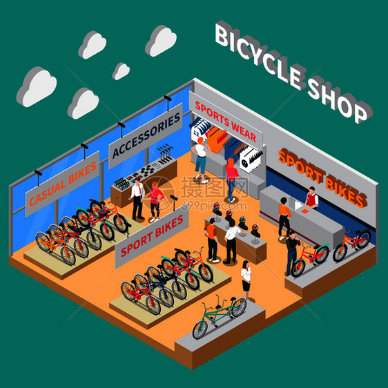 自行车等距彩色构图与自行车店运动自行车配件磨损同商店部门矢量插图自行车彩色构图图片