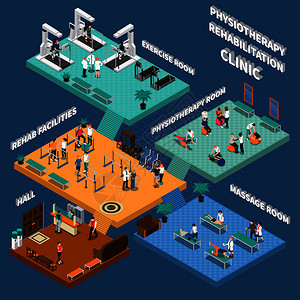 彩色理疗康复诊所等距内部与大厅康复设施,运动按摩理疗室矢量插图理疗康复诊所等距内部图片
