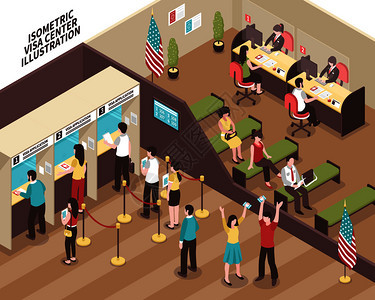 签证中心内部与人们等候大厅等距矢量插图签证中心插图图片