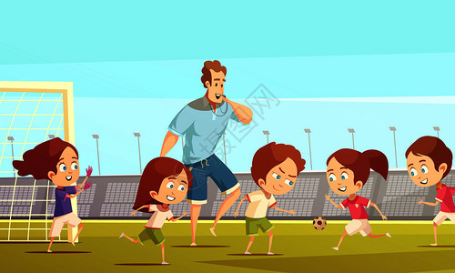 儿童体育卡通矢量插图与足球队足球场上比赛,教练管理儿童运动卡通矢量插图图片