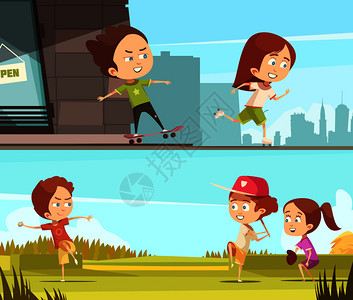 孩子们户外运动水平横幅,孩子们骑溜冰鞋滑板上的平卡通矢量插图孩子们户外运动水平横幅图片