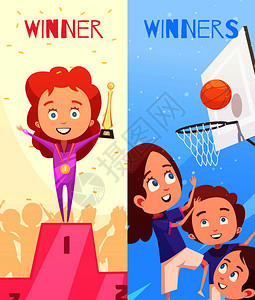 儿童运动垂直横幅与队游戏颁奖仪式的获奖者基座平构图矢量插图孩子们运动垂直横幅图片