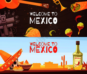 欢迎来墨西哥横向横幅与文化烹饪元素平矢量插图欢迎来墨西哥横向横幅图片