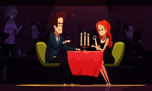 轻的夫妇餐厅的室内平卡通矢量插图中,约会喝咖啡轻夫妇餐馆喝咖啡图片