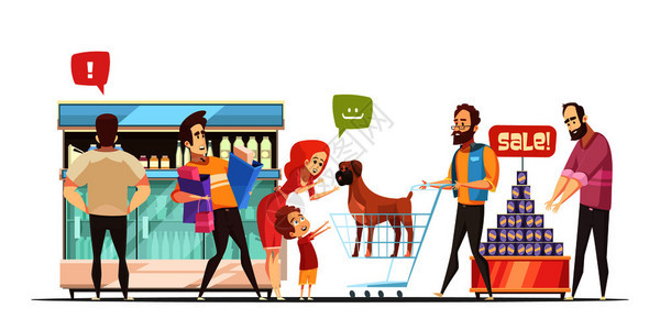 家庭超市的理念与父母购物,儿子狗购物车平矢量插图家庭超市的理念图片