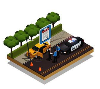 汽车安全检测汽车等距成撞上灯柱司机向保险的三维矢量插图保险等距成插画
