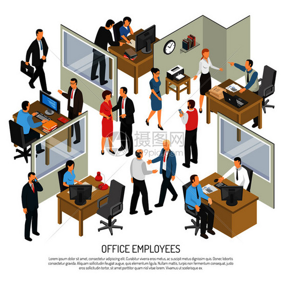 人们办公室内部等距与群创造的员工参与商业过程矢量插图办公室理念的员工图片