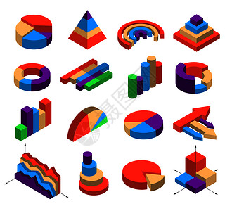 十六个等距图元素,用于信息布局的形状为分段条形柱,圆形金字塔,箭头,立方体,孤立矢量插图由16个等距图元素成的集合图片