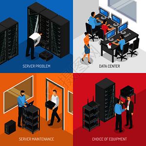 数据中心2x2的方形成,描述设备的选择工作服务器维护等距矢量插图数据中心2x2等距图片