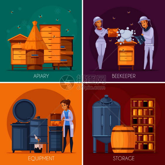 养蜂人收集蜂蜜储存设备隔离矢量插图4卡通广场蜂蜜生产卡通图片