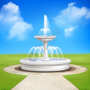 喷泉花园蓝天背景下,现实的复古构图与轨道内衬铺路瓷砖草坪草矢量插图花园复古构图中的喷泉背景图片