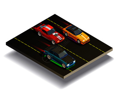 街道赛车漂移等距成的三个快速赛车与同的标记赛道矢量插图赛车成图片