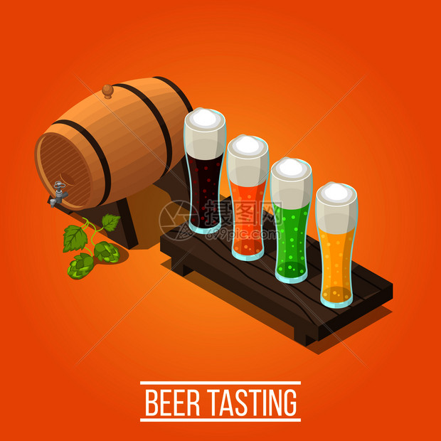 等距明亮的橙色啤酒厂背景与木桶眼镜充满新鲜彩色啤酒三维矢量插图等距啤酒厂背景图片