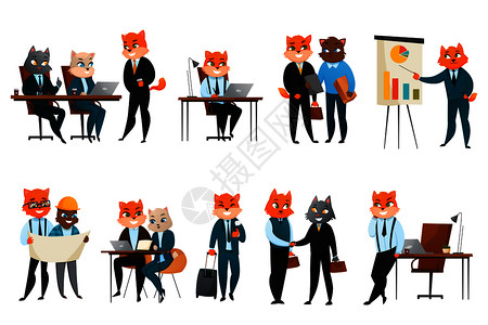 老板执行商务猫拟人化商人漫画人物公司办公室卡通图标网络漫画构图矢量插图商业猫卡通图标图片