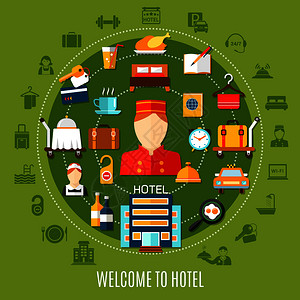 欢迎来酒店圆形与平图标成像移住宿餐厅服务矢量插图欢迎来酒店圆形布景图片