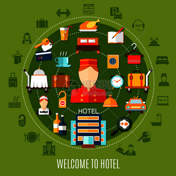 欢迎来酒店圆形与平图标成像移住宿餐厅服务矢量插图欢迎来酒店圆形布景图片