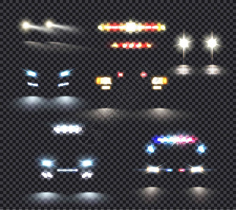 汽车灯真实透明的五图像与特殊的车辆轮廓前照灯矢量插图汽车灯透明背景图片