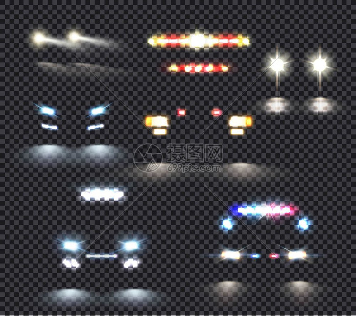 汽车灯真实透明的五图像与特殊的车辆轮廓前照灯矢量插图汽车灯透明图片