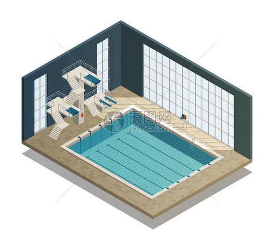 浴缸运动休闲中心,6车道室内游泳池潜水平台等距矢量插图游泳池室内等距成图片
