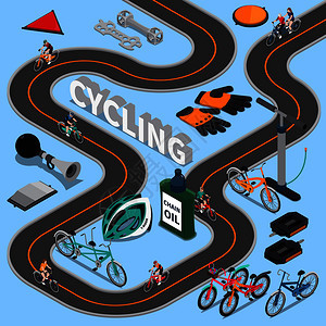 自行车等距成与自行车道路,体育设备服务工具的蓝色背景矢量插图循环等距成图片