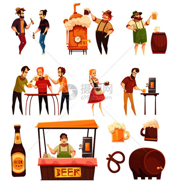 装饰图标啤酒上,人们单独室内室外饮用啤酒,并朋友的陪伴下平矢量插图人们喝啤酒装饰图标图片