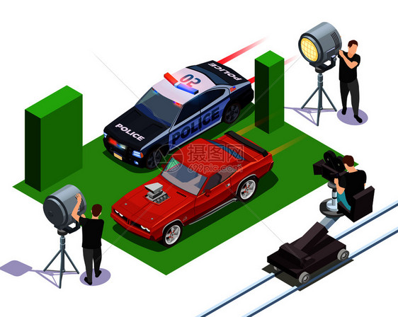 摄影等距构图与操作人员拍摄红色汽车警车三维矢量插图电影摄影等距成图片