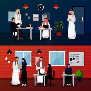 阿拉伯商人横向作文与涂鸦风格办公室内部元素男女工人人物矢量插图阿拉伯商人的作文图片