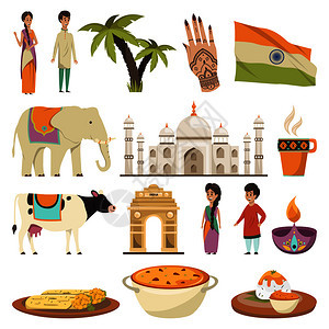 印度正交孤立图标菜肴的民族菜肴,民族符号,历史地标,平矢量插图印度正交隔离图标集图片